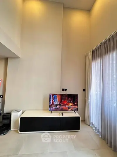 Modern living room with high ceiling and stylish TV setup