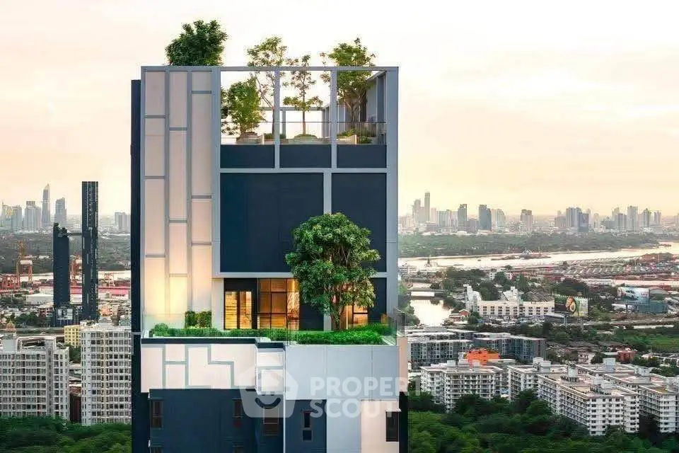 Stunning modern building with lush rooftop garden and panoramic city views.