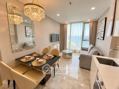 Luxurious modern living room with elegant dining area and stunning sea view