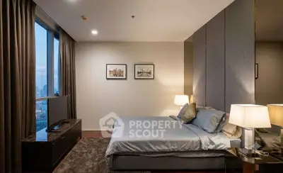 Luxurious modern bedroom with city view, elegant decor, and ambient lighting for a serene living experience.