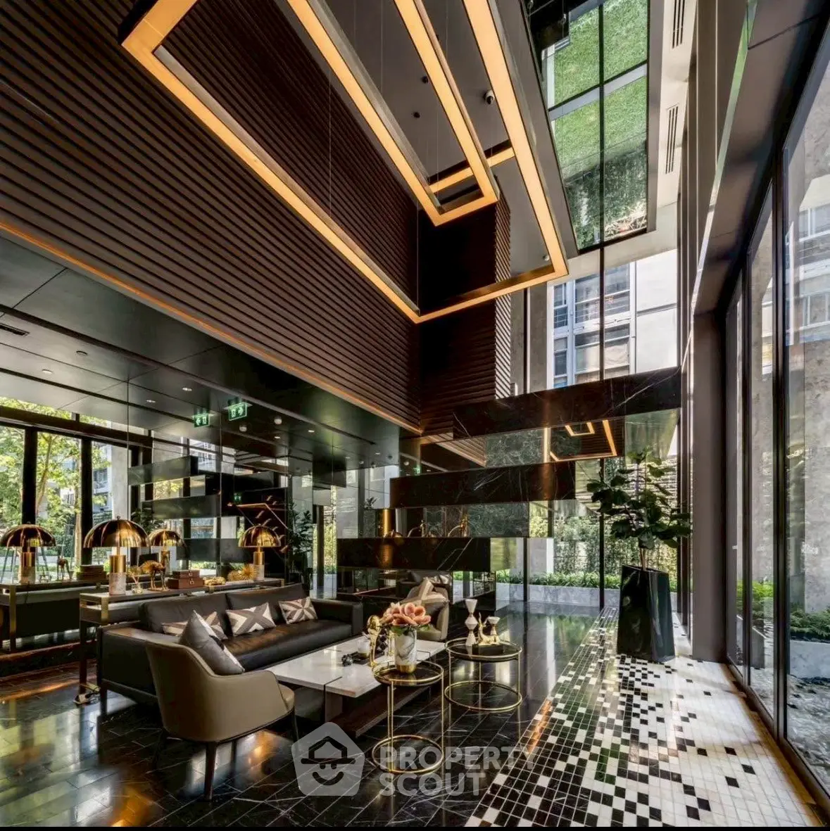 Luxurious modern living room with high ceilings and elegant decor