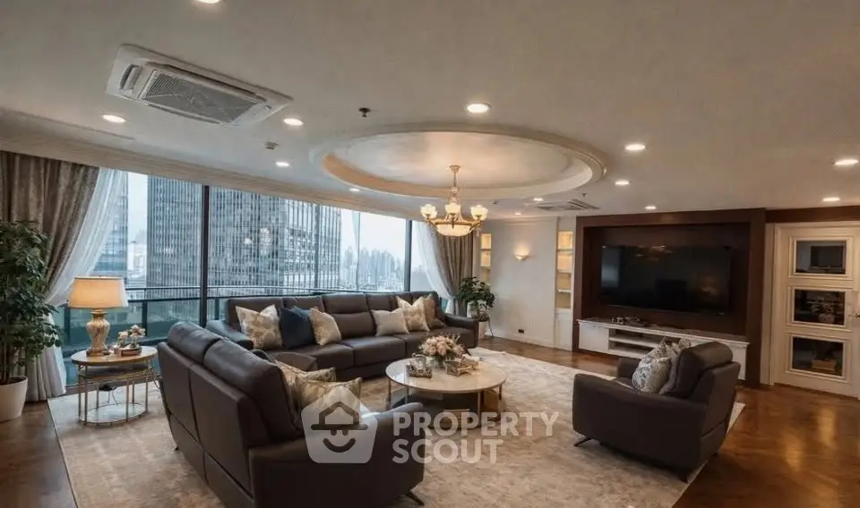 Luxurious living room with elegant decor and stunning city view, featuring spacious seating and ambient lighting.