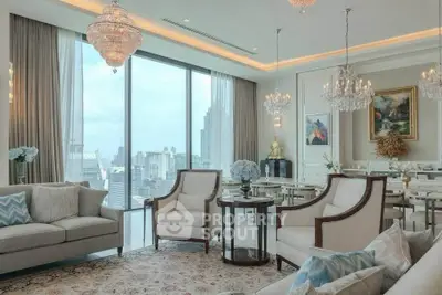 Luxurious living room with elegant chandeliers and stunning city view