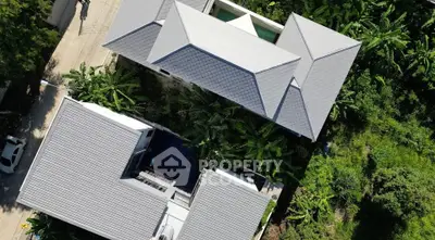 Aerial view of modern residential property with lush greenery and sleek roof design.