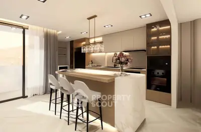 Luxurious modern kitchen with island and elegant lighting in open layout design