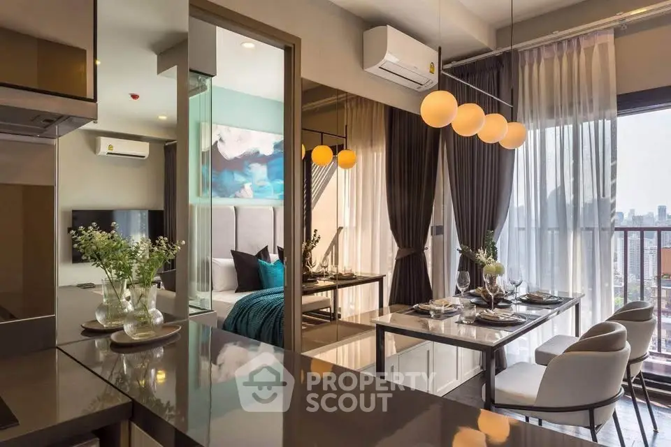 Modern open-plan living and dining area with city view and elegant decor