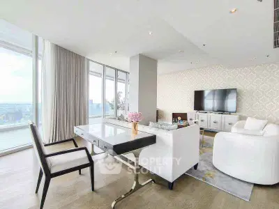 Luxurious modern living room with panoramic city views and elegant decor