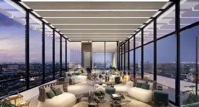 Luxurious modern living room with panoramic city view and elegant furnishings.