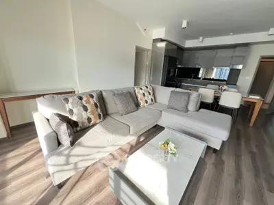 Modern living room with stylish gray sectional sofa and elegant dining area