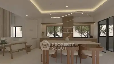 Modern open-plan living and dining area with elegant lighting and large windows.