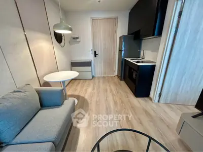 Modern compact living room with kitchenette, featuring sleek design and cozy furnishings.