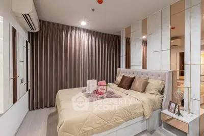 Luxurious bedroom with elegant decor and plush bedding in modern apartment