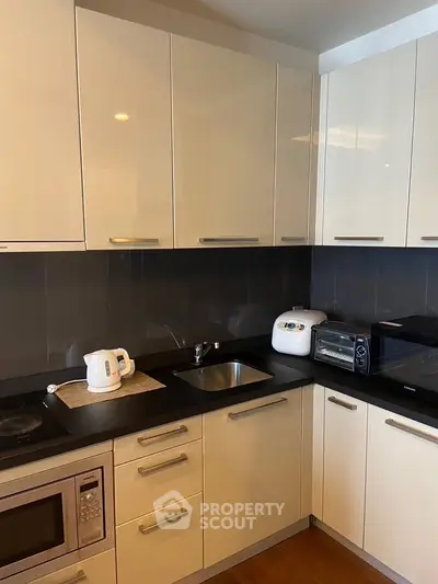 Modern kitchen with sleek cabinets and appliances, featuring a microwave, toaster oven, and rice cooker.
