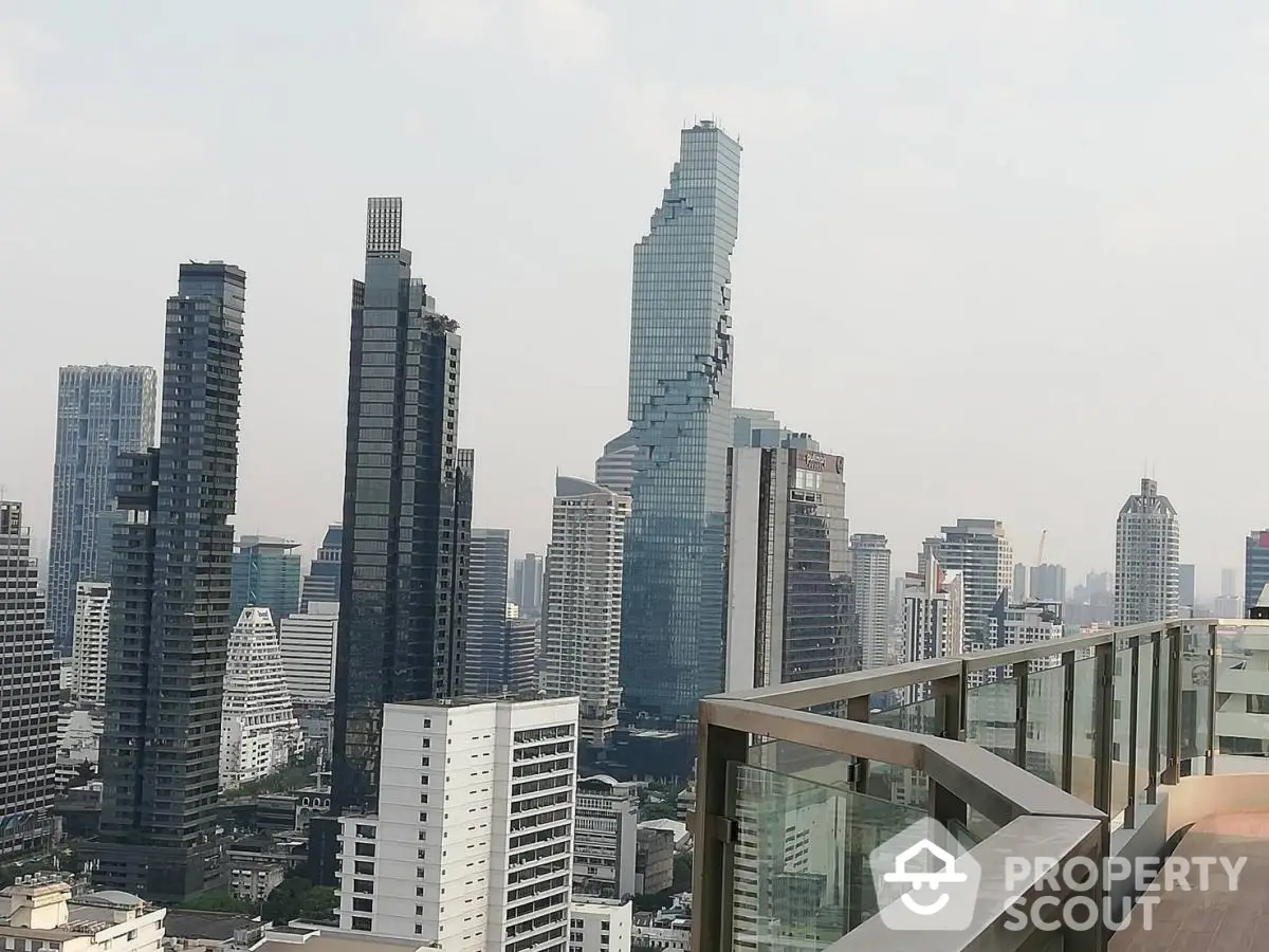 Stunning cityscape view from modern rooftop with glass railing in urban skyline