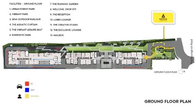 Ground floor plan showcasing vibrant parks, leisure areas, and building facilities for modern living.