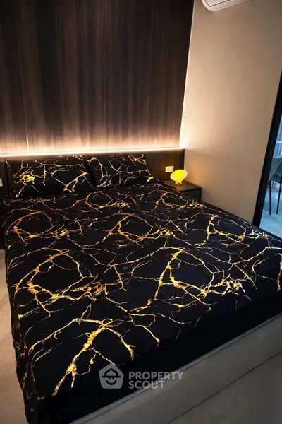 Luxurious bedroom with elegant lighting and stylish bedding