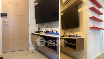 Modern living room with wall-mounted TV and red shelves