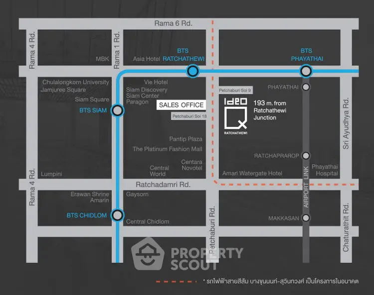 Map showing location of sales office near Ratchathewi Junction with nearby landmarks and BTS stations.
