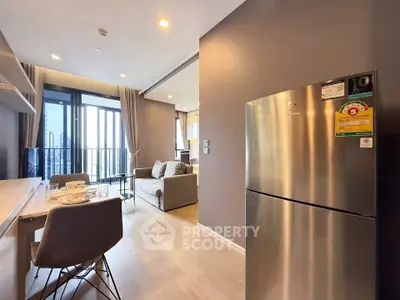 Modern open-plan living room with dining area and city view balcony.