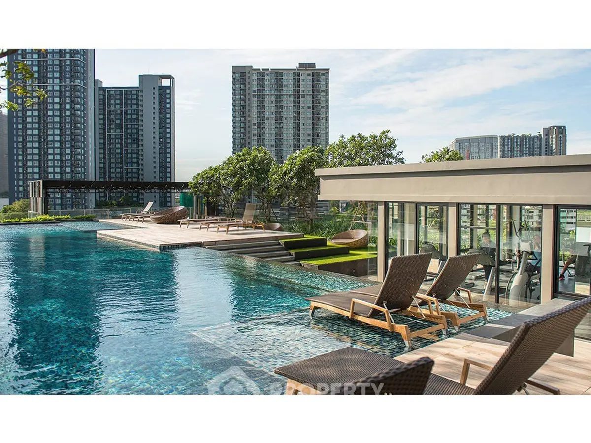 Luxurious rooftop pool with stunning cityscape views and modern lounge chairs.
