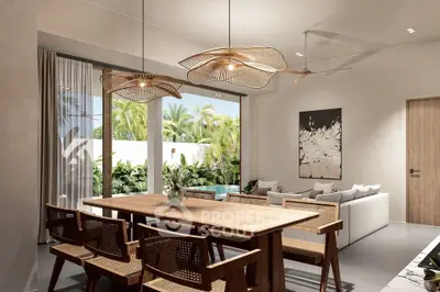 Elegant dining area with modern lighting and pool view, featuring stylish wooden furniture and large windows.