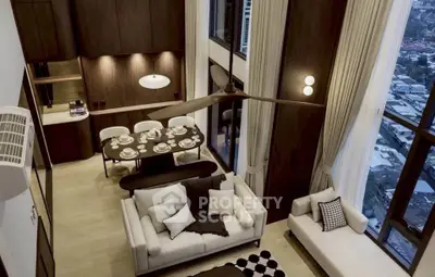 Luxurious high-ceiling living room with elegant dining area and panoramic city view.
