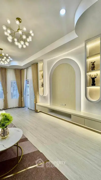 Luxurious modern living room with elegant lighting and stylish decor