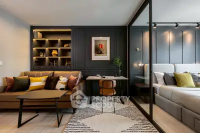 Modern living room with stylish decor and cozy seating area