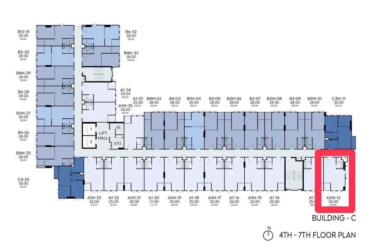 Building C floor plan for 4th to 7th floors, highlighting unit A2M-12.