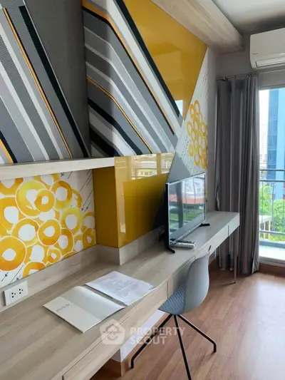 Modern study room with stylish wall design and balcony view