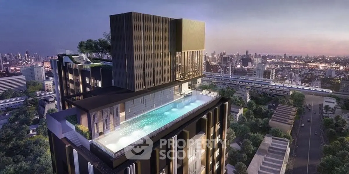 Luxurious rooftop pool with stunning cityscape view at dusk.