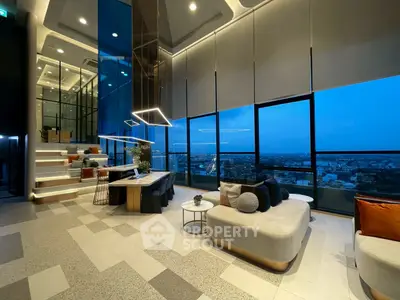 Luxurious modern living room with panoramic city view and stylish decor