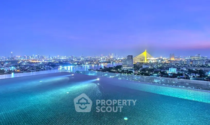 Stunning rooftop infinity pool with panoramic city skyline view at dusk.