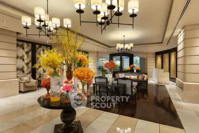 Luxurious hotel lobby with elegant decor and ambient lighting