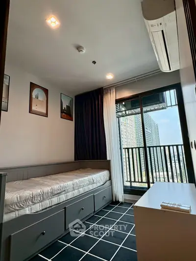 Modern bedroom with balcony view in urban apartment