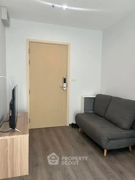 Modern living room with sleek gray sofa and flat-screen TV, featuring minimalist design and wooden flooring.