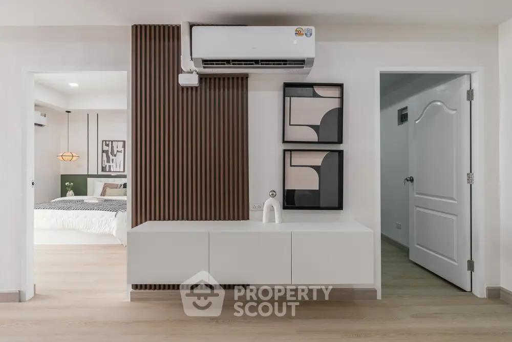 Modern interior with sleek design, featuring a stylish air-conditioned living space and elegant decor.
