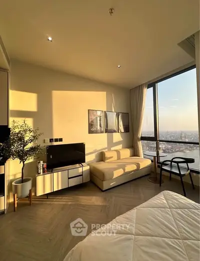 Modern bedroom with panoramic city view and stylish decor