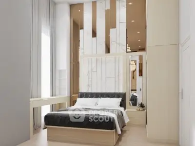 Luxurious modern bedroom with elegant design and ample natural light