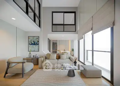 Modern living room with high ceilings and large windows, featuring elegant furniture and stylish decor.