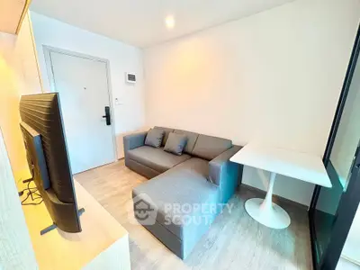 Modern living room with sleek gray sofa and flat-screen TV, perfect for cozy relaxation.