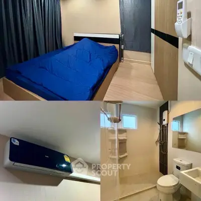 Compact bedroom and bathroom with modern amenities in a cozy apartment.