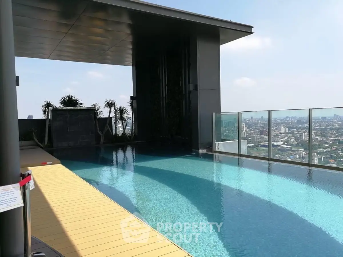 Luxurious rooftop pool with stunning city skyline view, perfect for relaxation and entertainment.