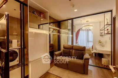 Luxurious living room with modern decor and cozy seating in a stylish apartment.