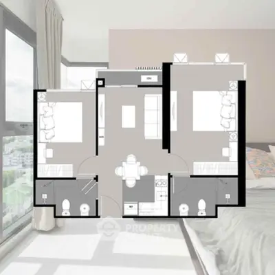 Modern apartment floor plan overlay on bright bedroom interior with large windows.