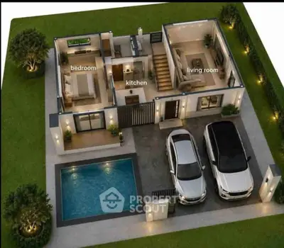 Modern single-story house with pool, two-car garage, and labeled rooms: bedroom, kitchen, living room.