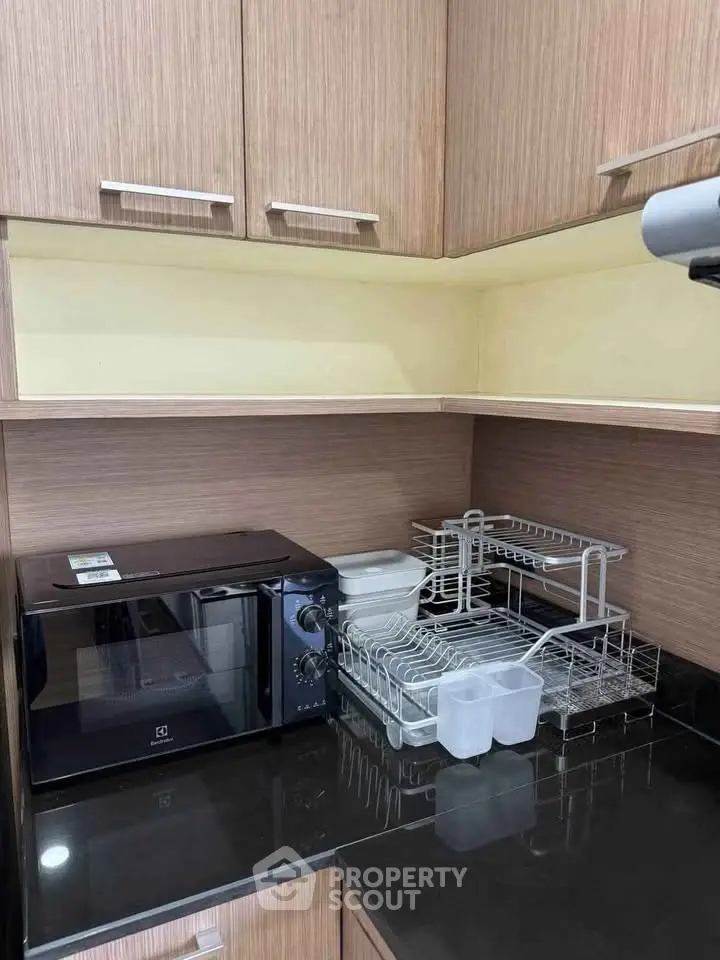 Modern kitchen corner with microwave and dish rack in stylish cabinetry.