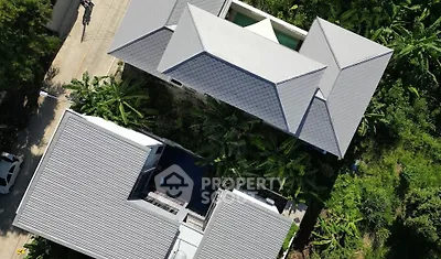 Aerial view of modern residential property with lush greenery and sleek roof design.