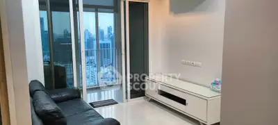 Modern living room with city view and balcony access in high-rise apartment.