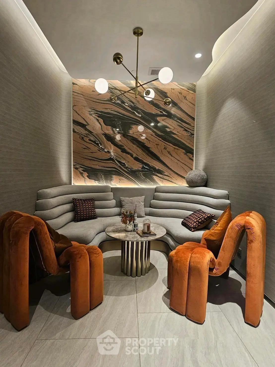 Luxurious modern living room with unique furniture and elegant lighting